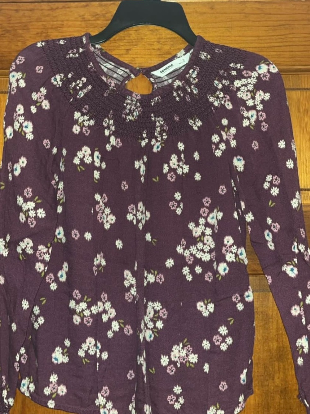 Sonoma Plum Floral Smocked Yoke Long Sleeve Top